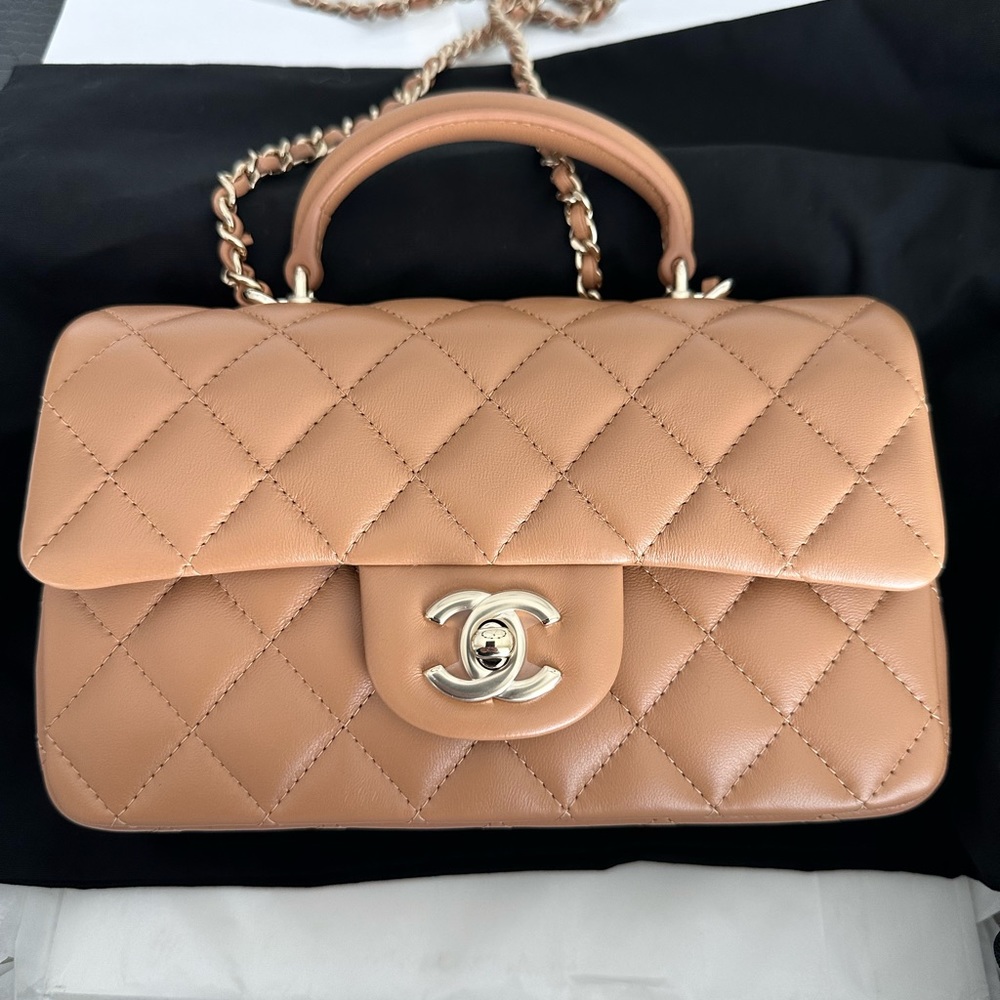 New Chanel 23P Mini Top Handle Flap Bag Lambskin Gold Caramel Dark Beige GHW NWT - Picture 1 of 6